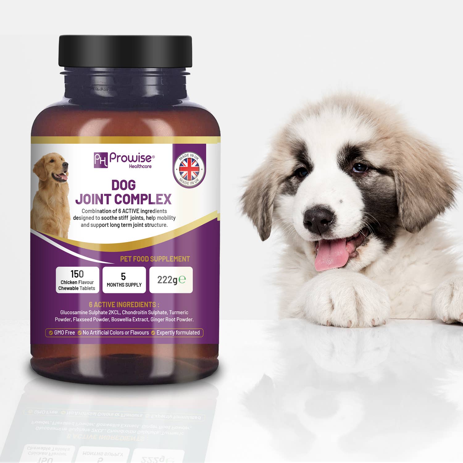 Dog Joint Complex supplement with a happy dog