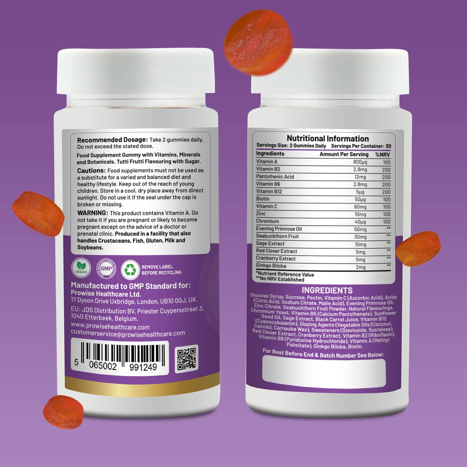 a couple of bottles of vitamins on a purple background