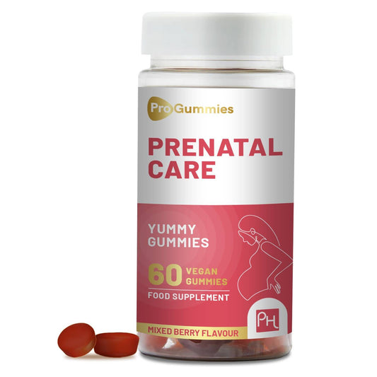 a bottle of prenatal care gummies next to it