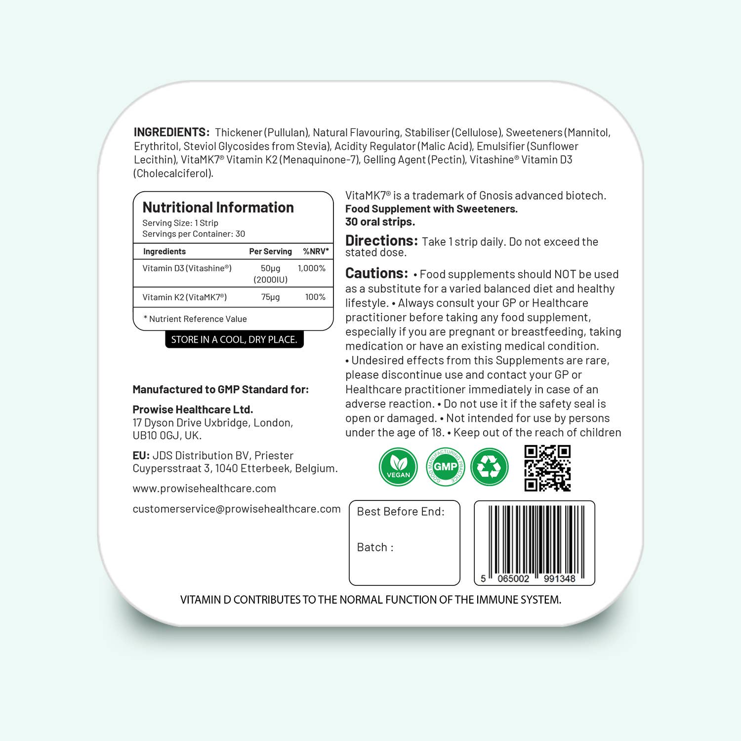 PROSTRIP Vitamin D3 + K2 ingredients and nutritional info