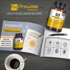 a brochure with vitamins and a cup of coffee