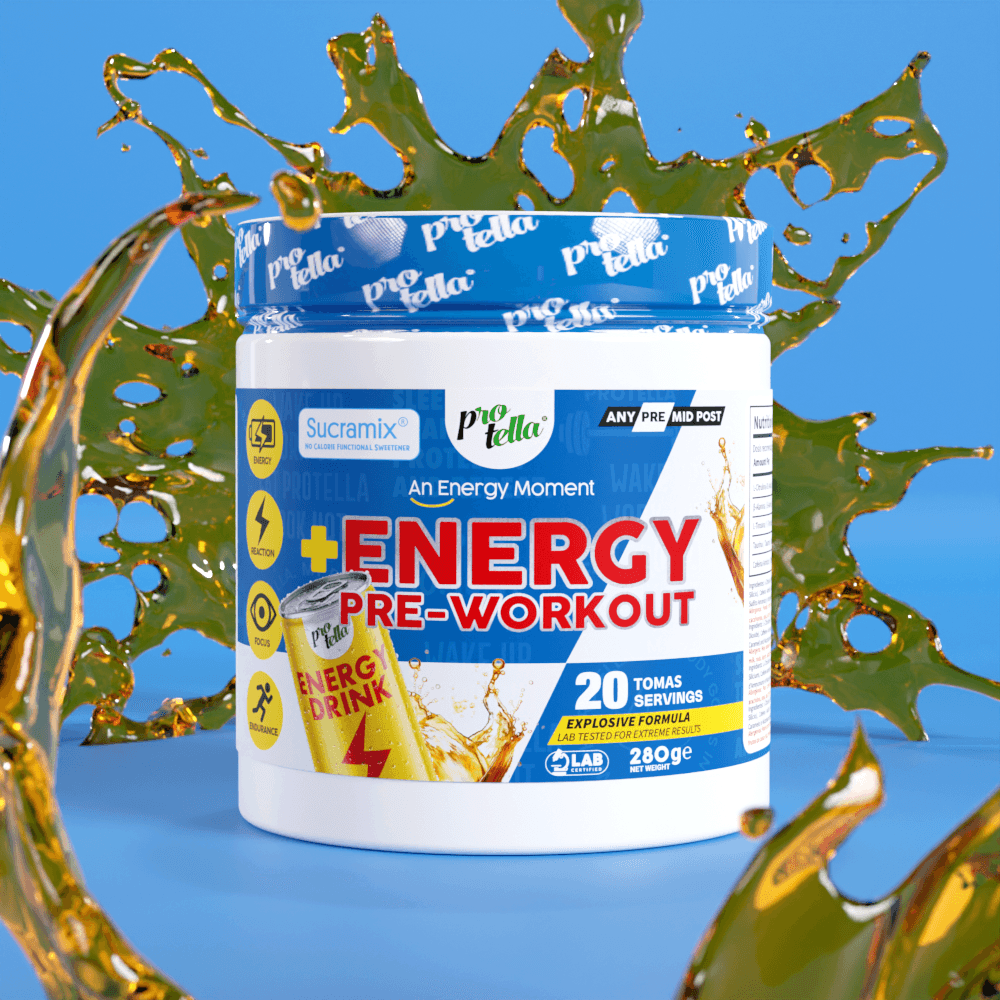 a can of energy pre - workout next to a plant