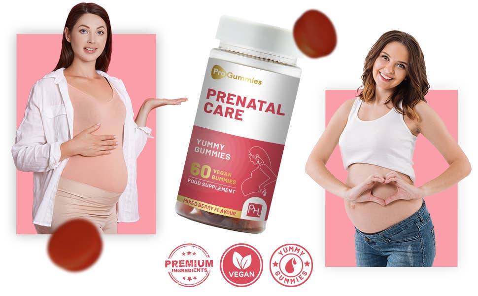 a pregnant woman holding a bottle of prenatal care