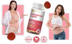 a pregnant woman holding a bottle of prenatal care