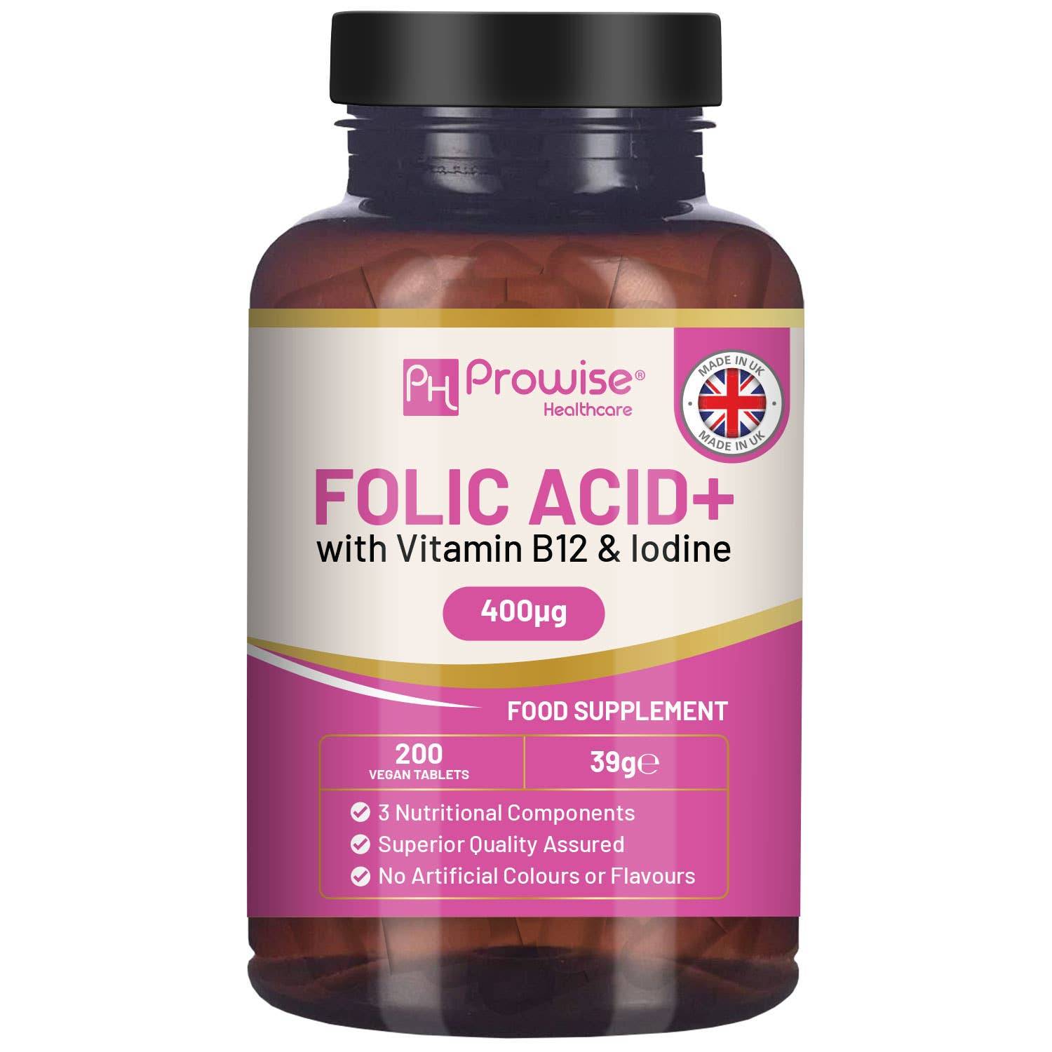 a bottle of folicc acid plus with vitamin b12 and iodine