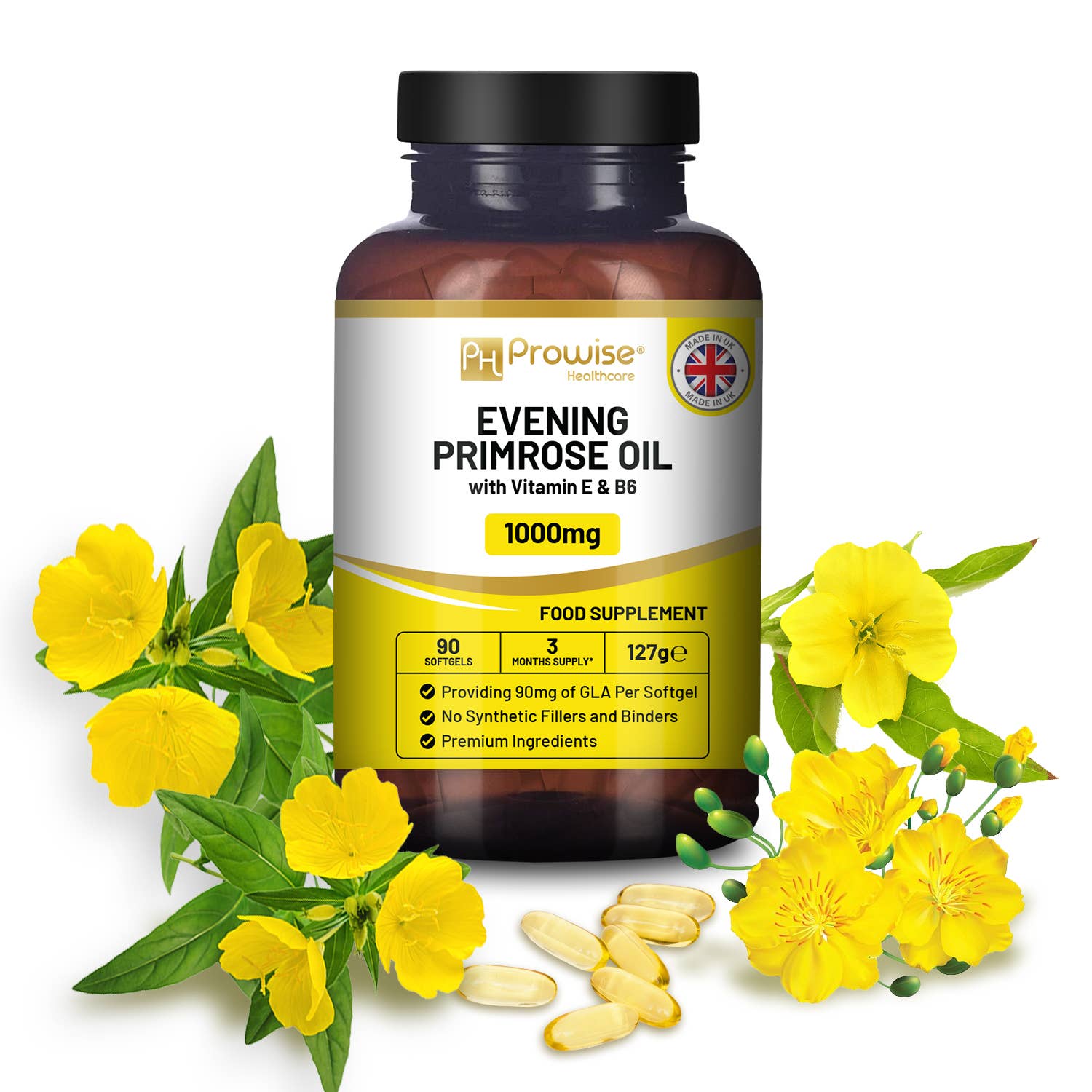 a bottle of primrose oil next to yellow flowers