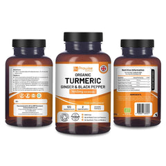 three bottles of organic turmric ginger and black pepper