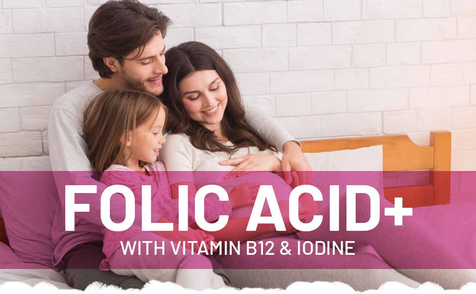 a family sitting on a bed with the text folicc acid with vitamin b1