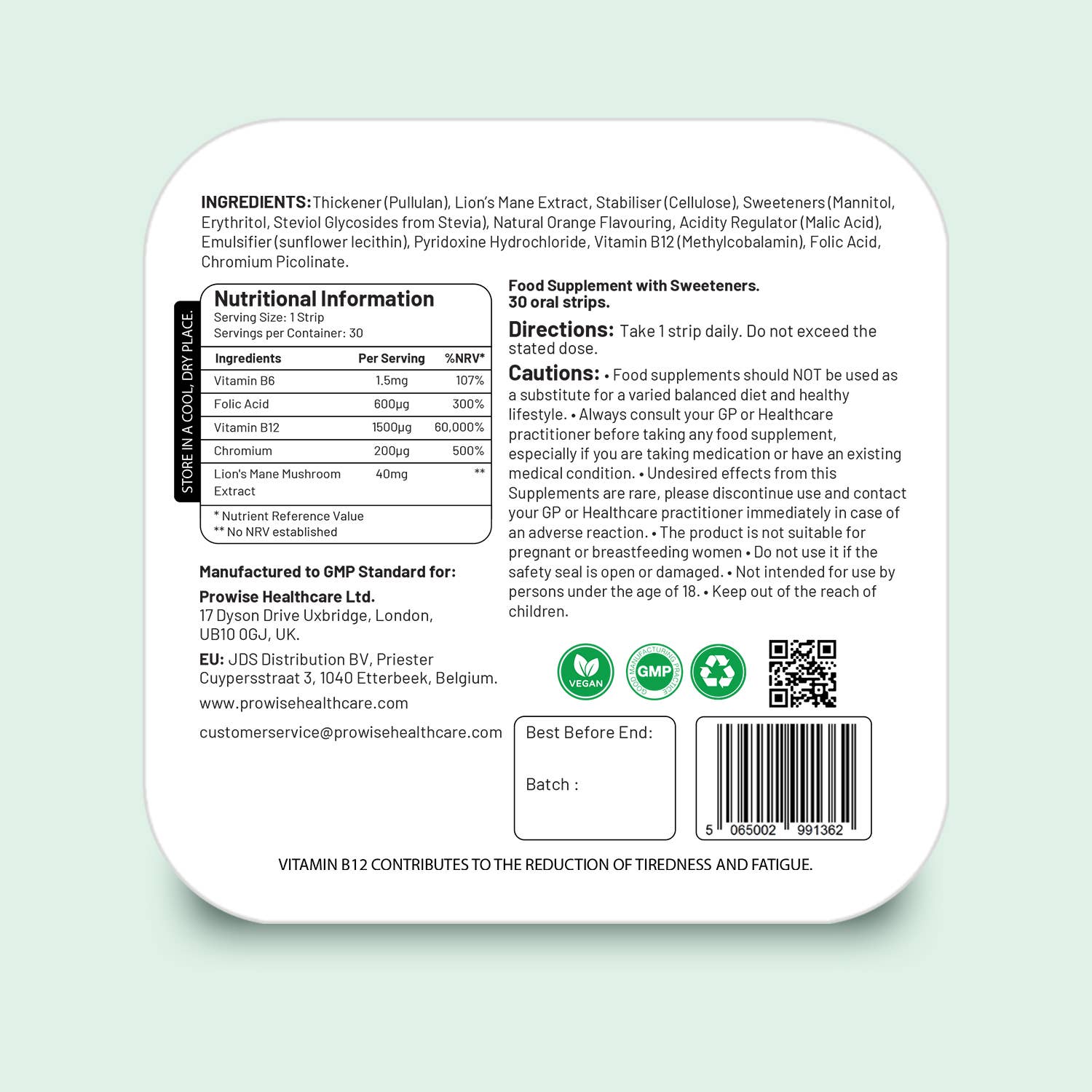 Nutritional information of PROSTRIP Vitamin B12+ Strips