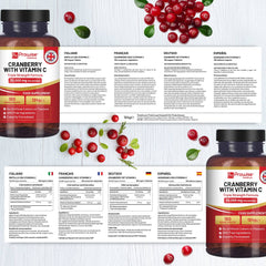 Cranberry with Vitamin C bottle with multilingual information