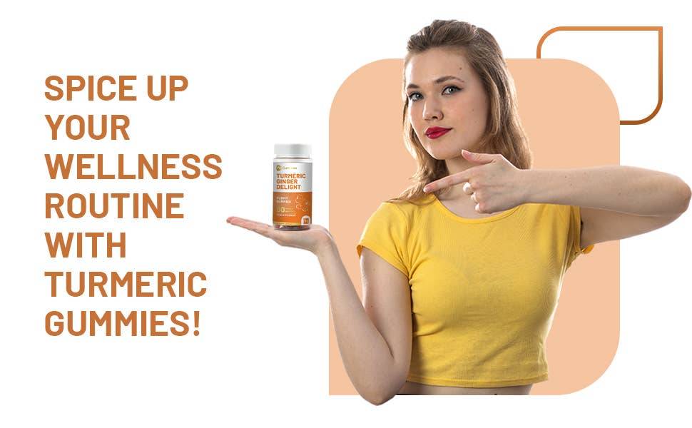 Woman holding Turmeric Ginger Delight gummies bottle