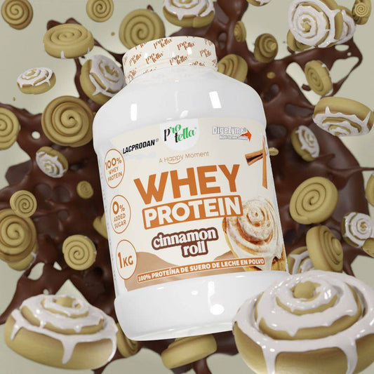 Whey Protein Cinnamon Roll 1kg container with cinnamon roll graphics