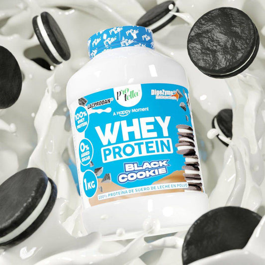 Whey Protein Black Cookie 1kg bottle with cookies and milk splash