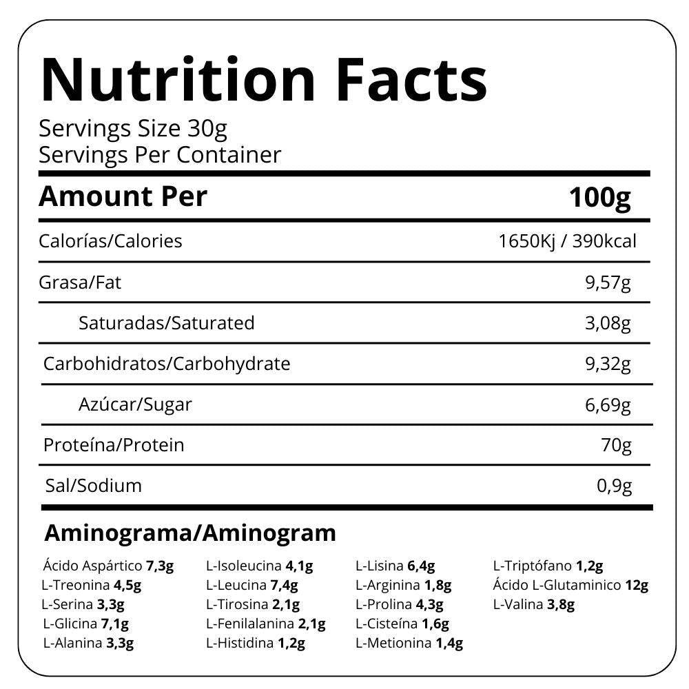 Nutrition facts label for Whey Protein Black Cookie 1kg