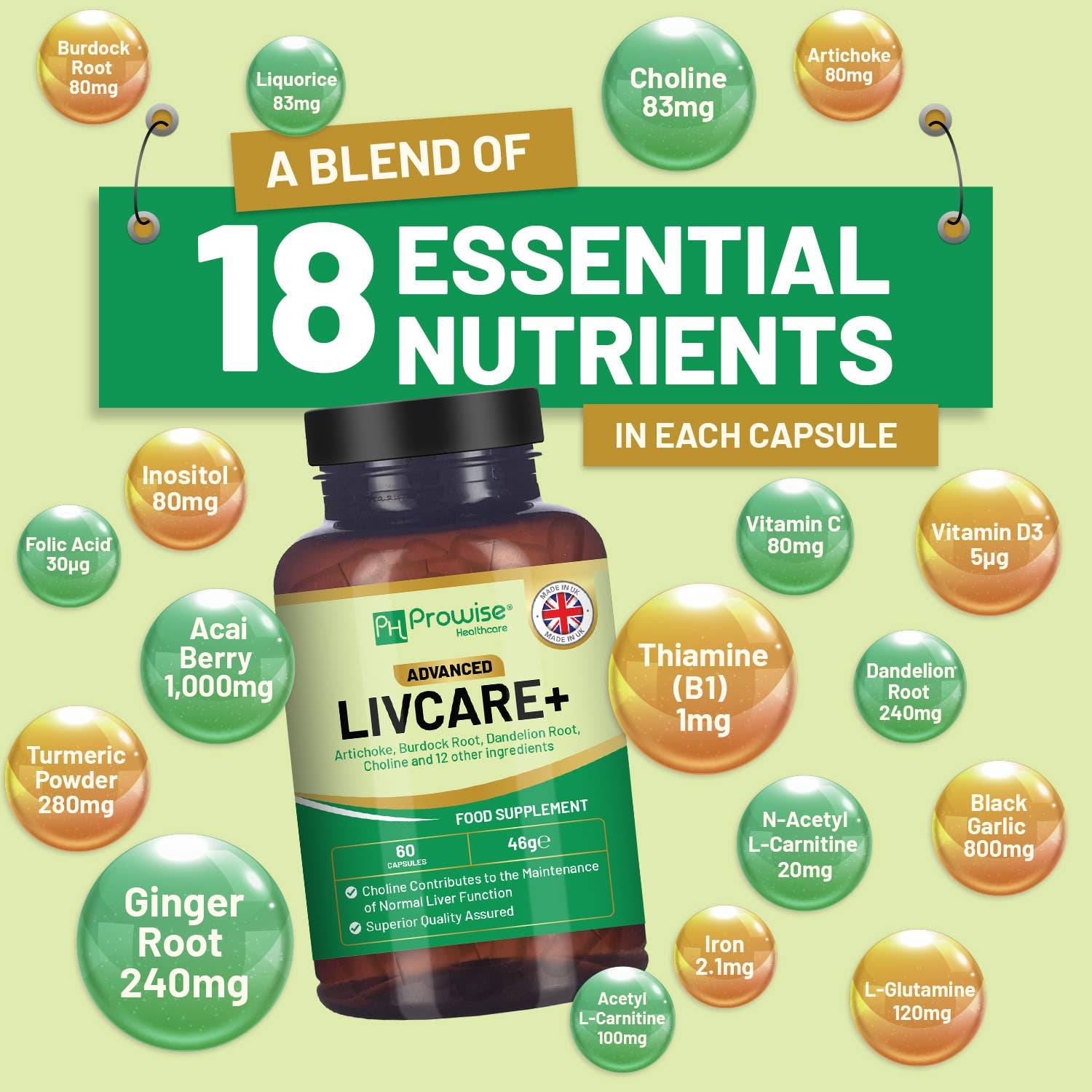 a bottle of livcare plus with the words, a blend of 18 essential vitamin