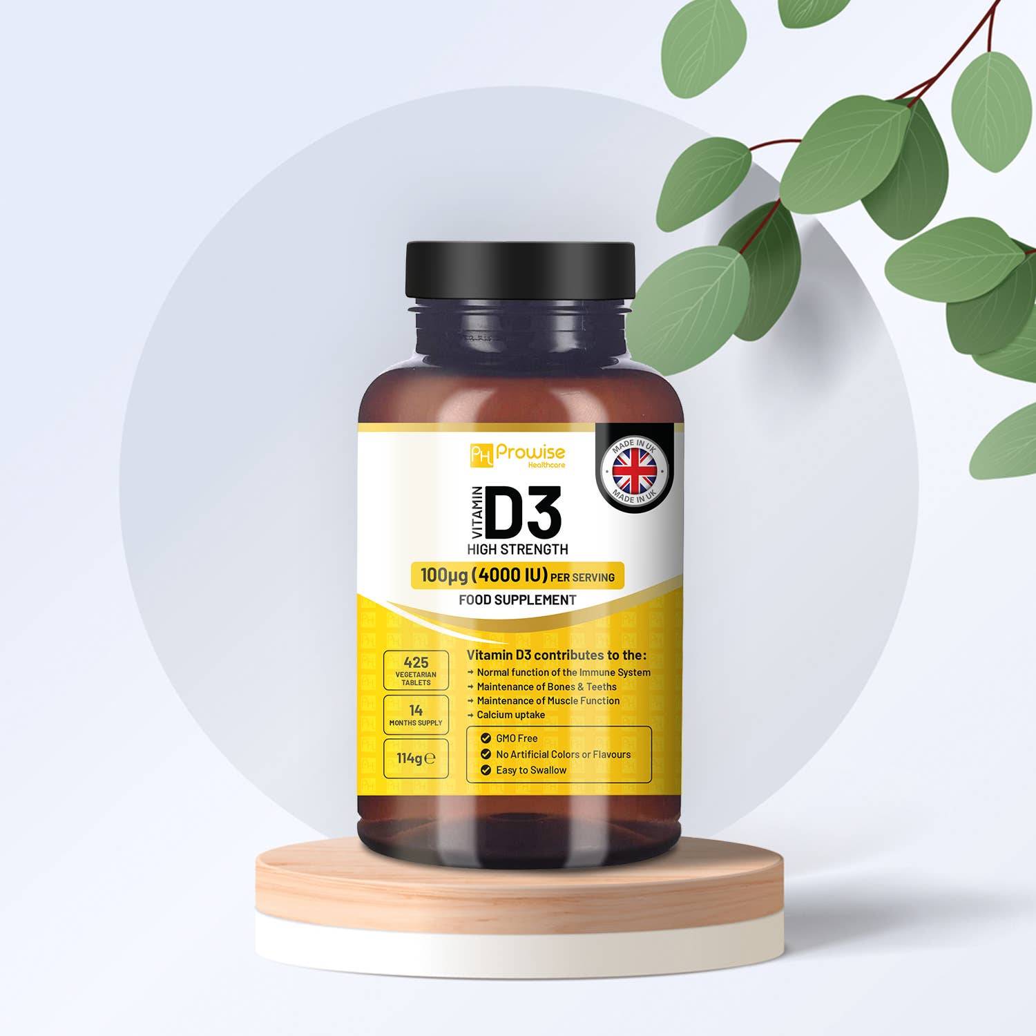 a bottle of vitamin d3 sitting on top of a wooden stand