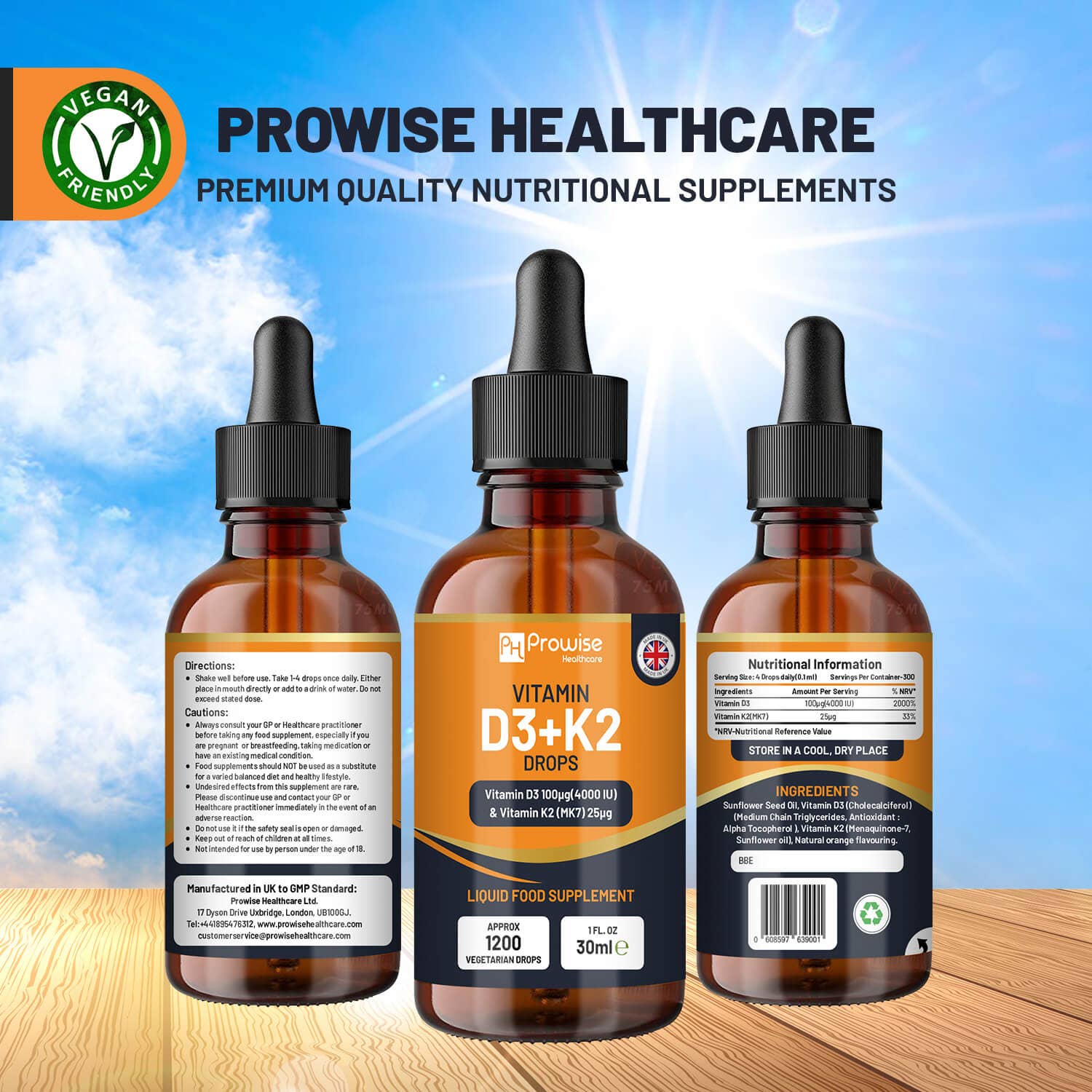 Prowise Healthcare vitamin D3+K2 drops with vegan-friendly label