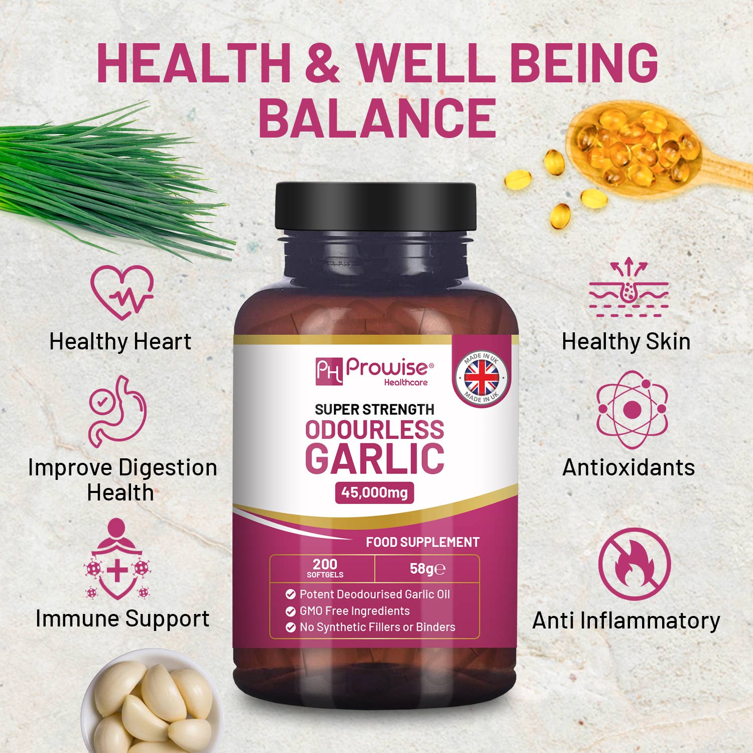 a bottle of garlic with the words health and well being balance