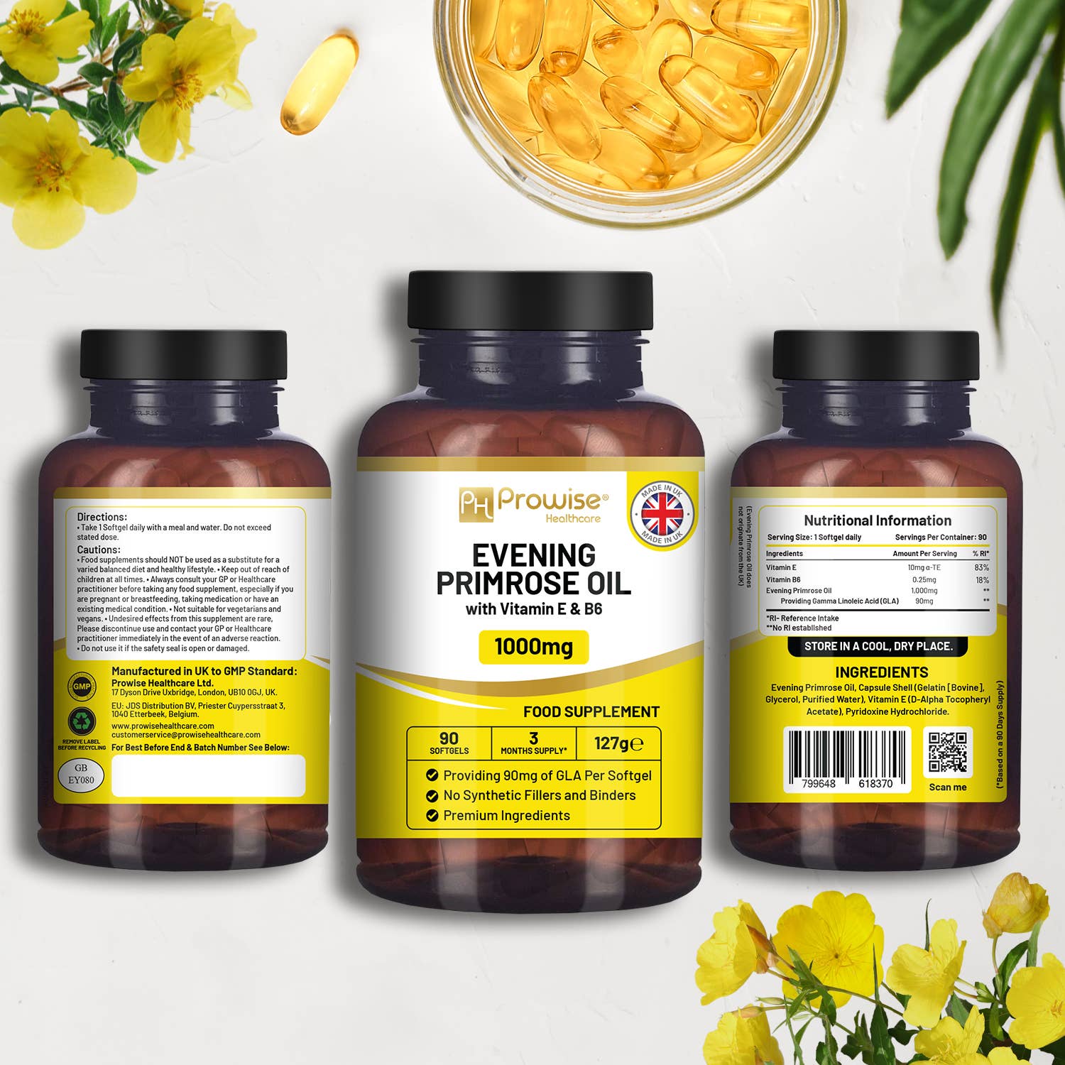 three bottles of evening primrose oil next to yellow flowers