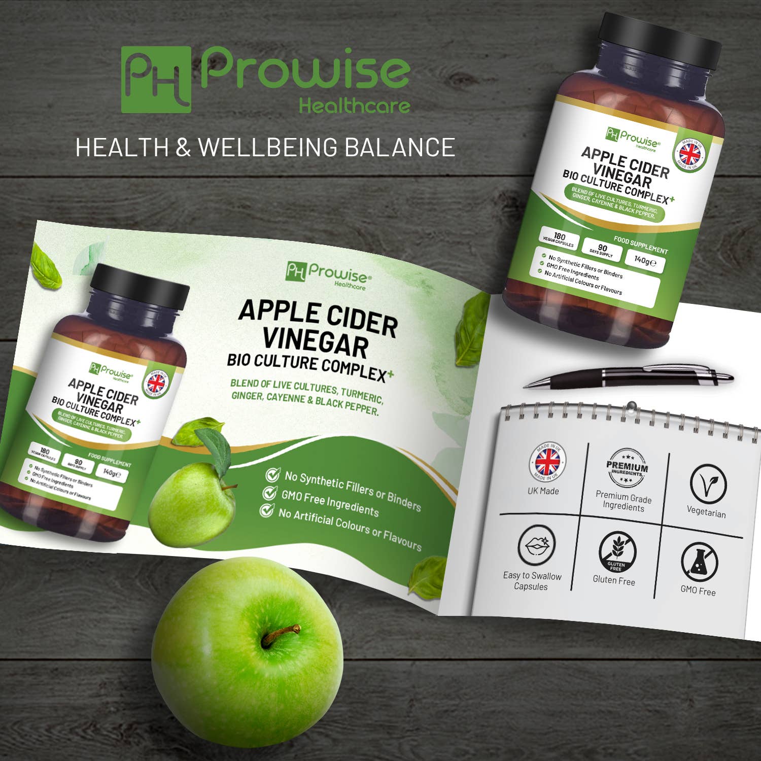 Apple Cider Vinegar Complex Capsules with brochure and apple