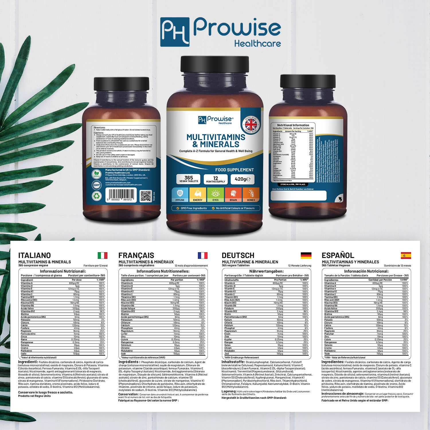 three bottles of multi vitamins with a plant in the background