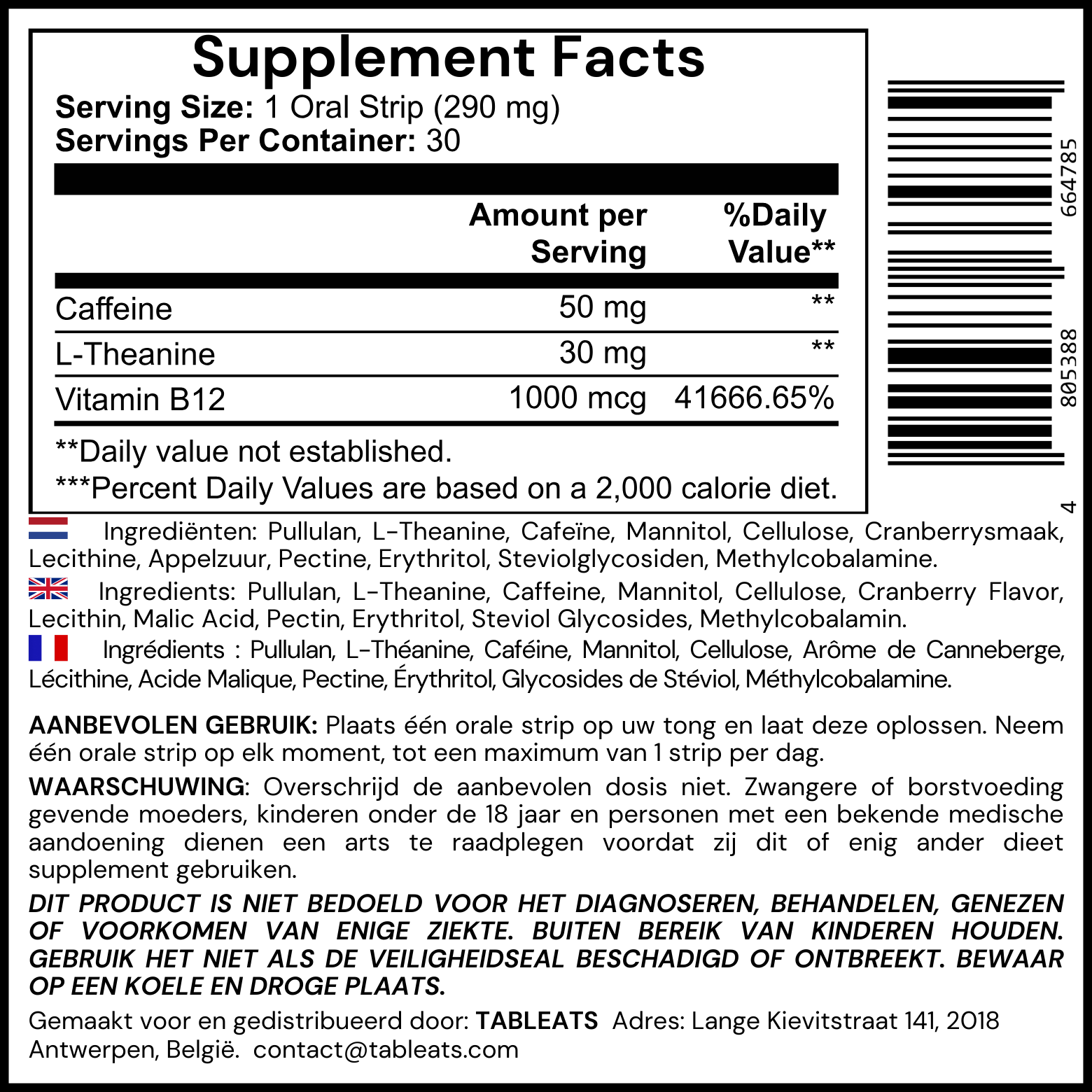 Supplement facts for Energy Strips