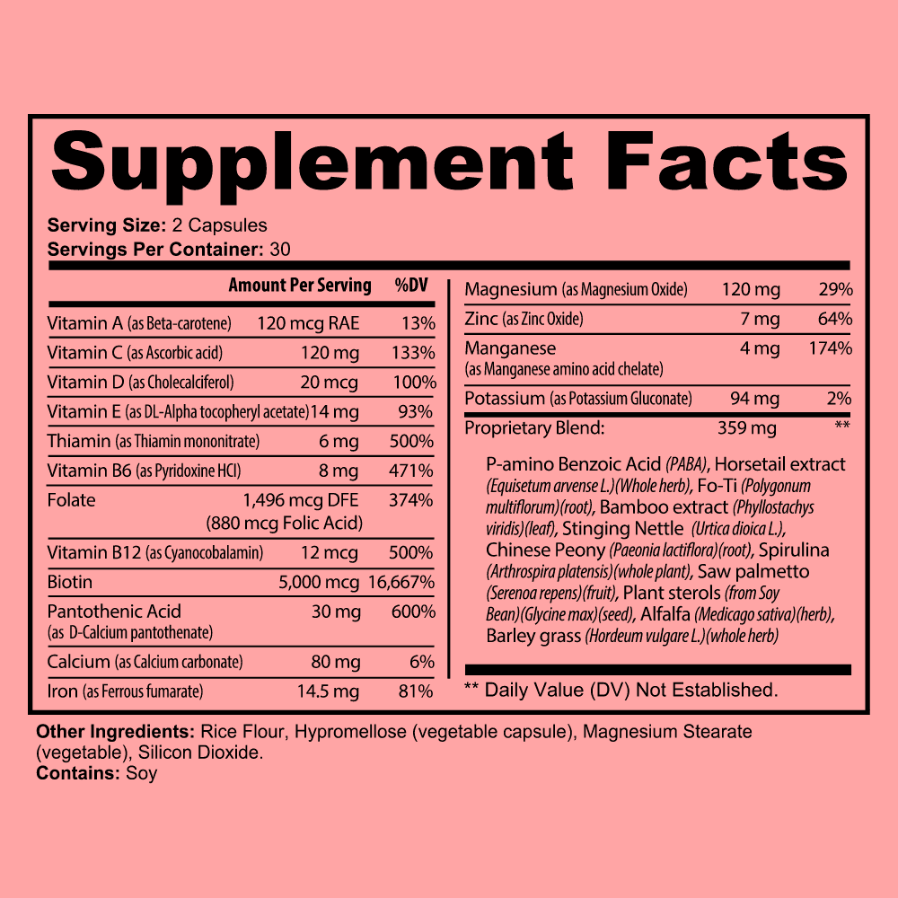 Supplement facts for Hair, Skin and Nails Essentials