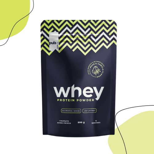 a bag of whey protein powder on a white background