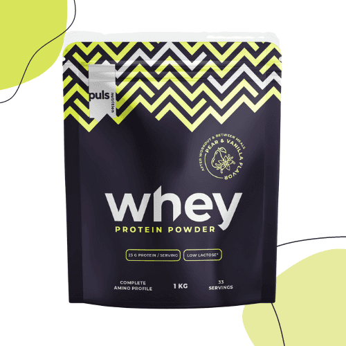 a bag of whey protein powder on a white background