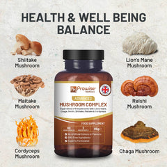 a bottle of mushroom complex with the words health and well being balance