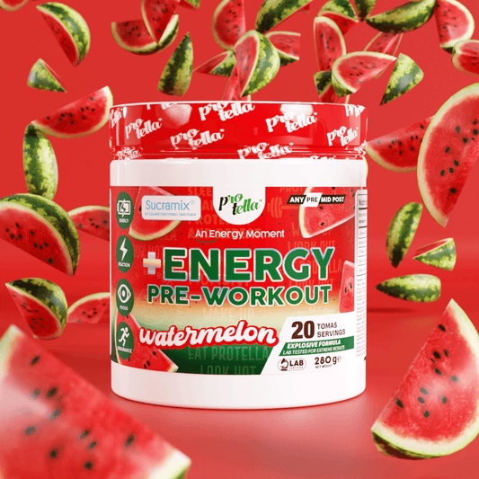 a jar of watermelon energy pre - workout powder surrounded by watermelon