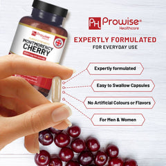 Hand holding Montmorency Cherry capsule with cherries