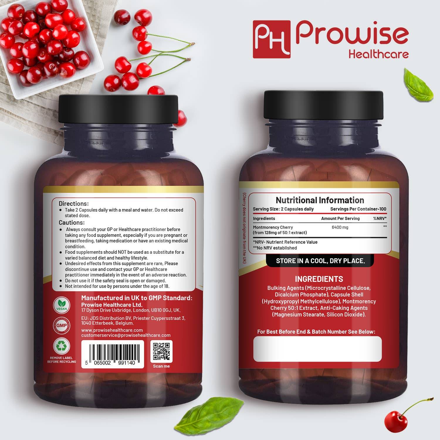 Montmorency Cherry capsules bottle with nutritional info