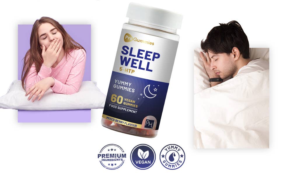 a man and woman sleeping in bed with a bottle of sleep well