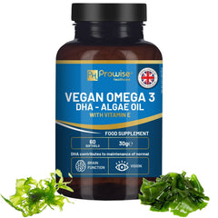 a bottle of vegan omega 3 dha - algae oil with vitamin