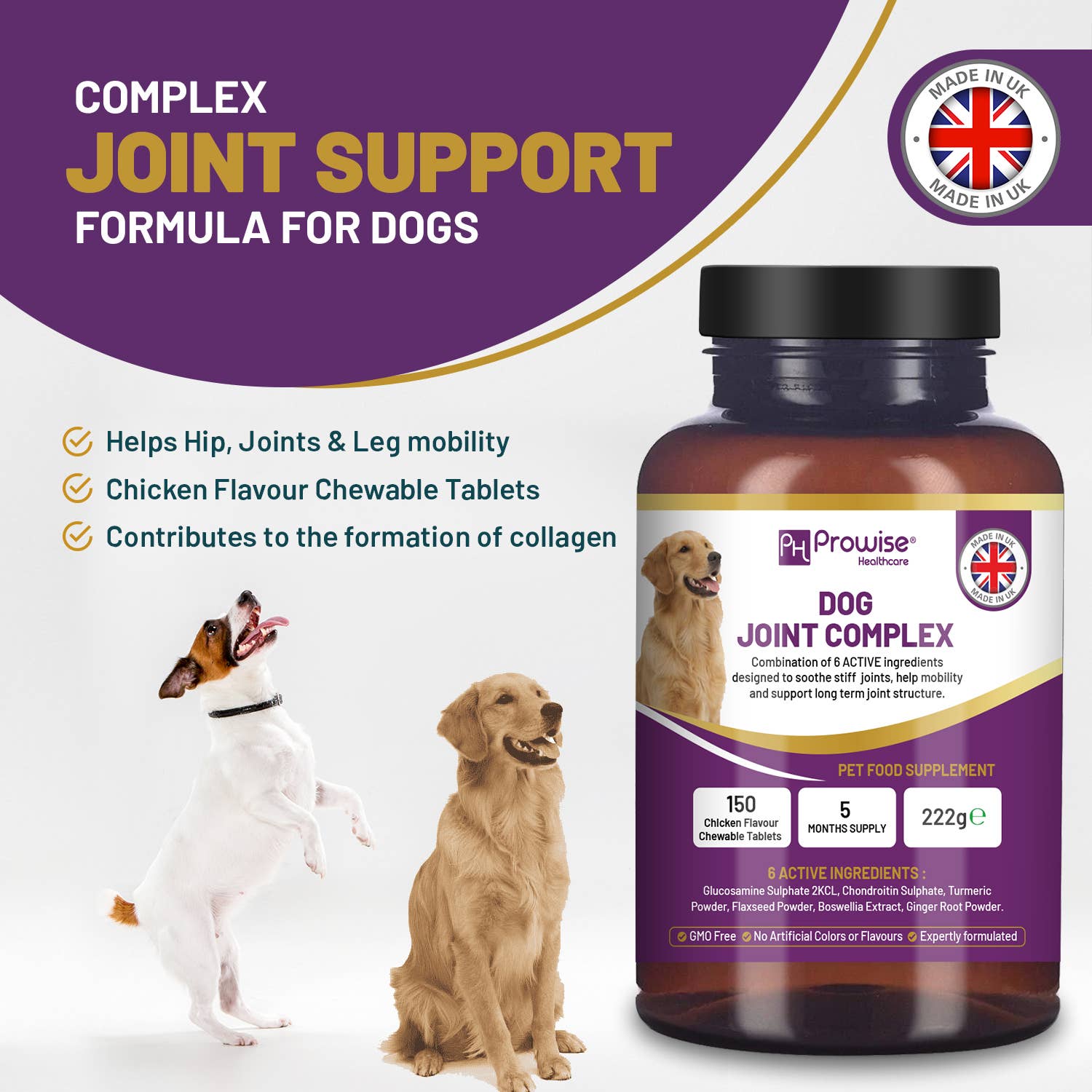 Joint support formula for dogs with supplement bottle