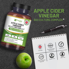 Apple Cider Vinegar Complex Capsules with pen and apple