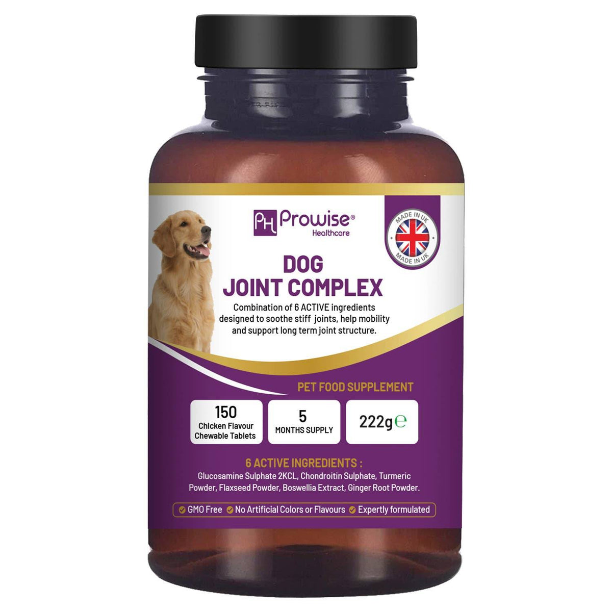 Dog Joint Complex supplement bottle with active ingredients